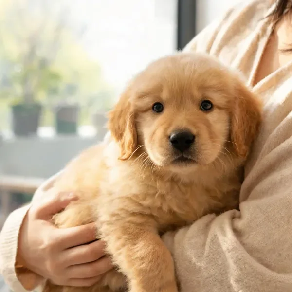 室内暖光下的金毛幼犬怀抱特写