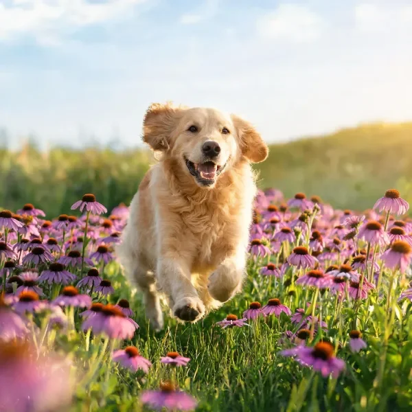 一只金毛寻回犬在紫色锥形花草地上奔跑,毛发蓬松且呈暖金色。