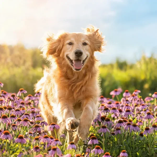 金毛寻回犬在紫色花田奔跑的画面