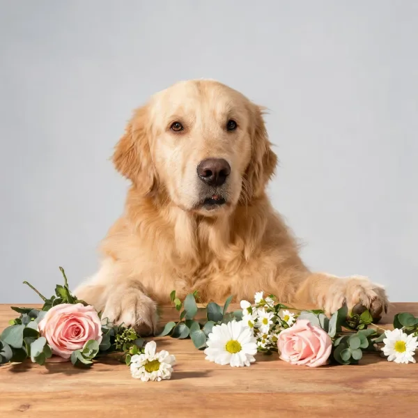 金毛寻回犬前爪搭在木质桌面上,周围环绕着粉色玫瑰与白色雏菊。