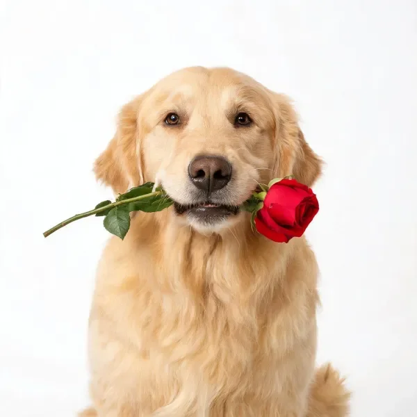 一只金毛寻回犬口中衔着红色玫瑰花，浅金色毛发柔顺有光泽。