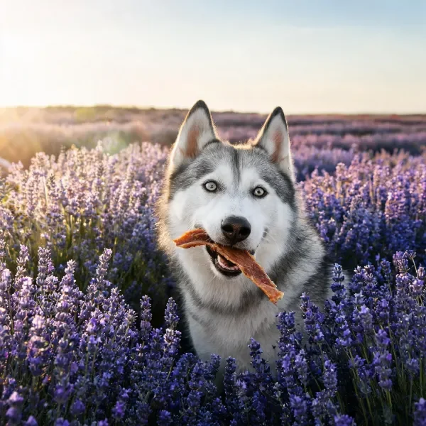 西伯利亚雪橇犬在薰衣草花田中叼食物