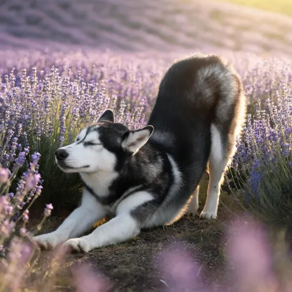 西伯利亚雪橇犬在薰衣草花田中舒展身姿，黑白相间的皮毛在暖光下显得柔软蓬松。