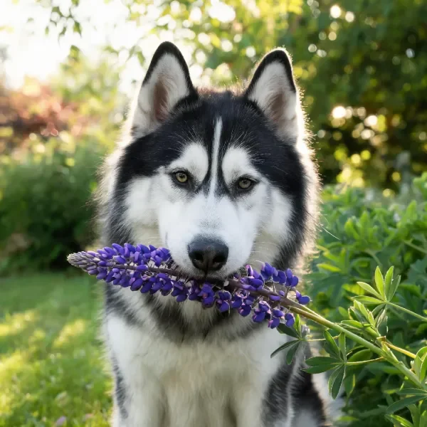 西伯利亚雪橇犬嘴里叼着紫色花朵,黑白相间的毛发清晰可见,处于花园环境中。