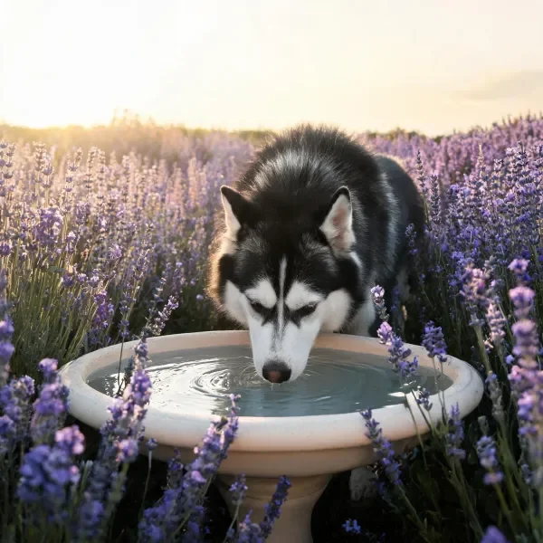 西伯利亚雪橇犬低头在浅色容器中饮水，黑白相间的毛发清晰可见。