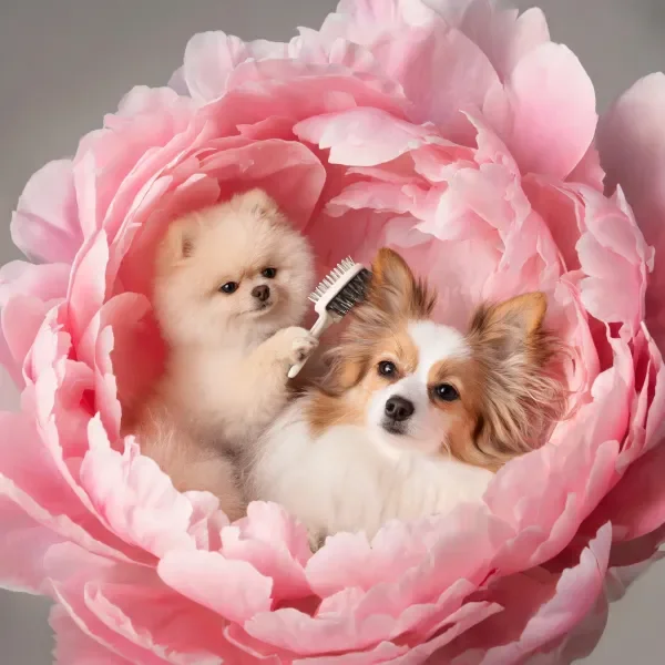 小型短毛博美犬手持梳子为长毛蝴蝶犬梳理毛发，蝴蝶犬的长毛顺滑地垂落在花瓣上。