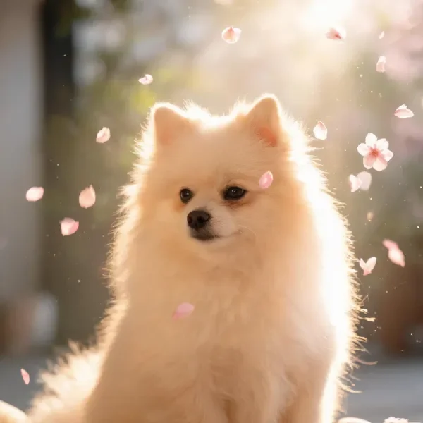 博美犬蓬松洁白的毛发在阳光映照下，周围有粉色樱花花瓣飘落。