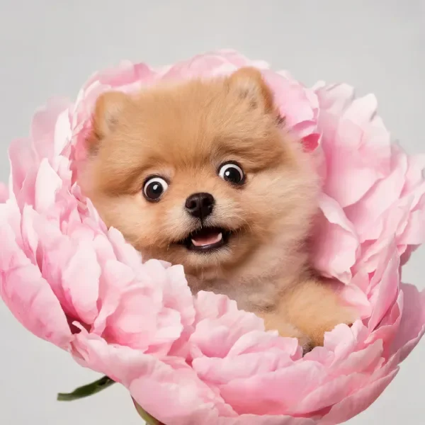 博美犬在粉色牡丹花丛中，圆眼睛睁得大大的，浅棕色毛发蓬松柔软。