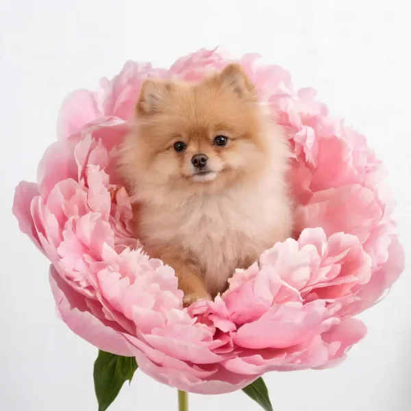 柴色博美犬坐在粉色牡丹花中心,毛发蓬松柔软,眼神温和亲切。
