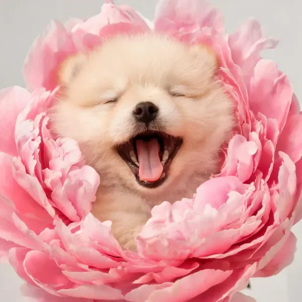 博美犬在粉色牡丹花簇中舒展姿态,露出粉色的舌头和蓬松的白色毛发。