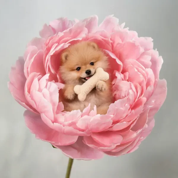 博美犬正坐在粉色牡丹花中，爪子里握着浅色骨形玩具，毛发蓬松柔软。