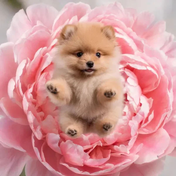 博美犬幼崽的浅棕色蓬蓬松贴附在粉色牡丹花心处，爪垫清晰可见。