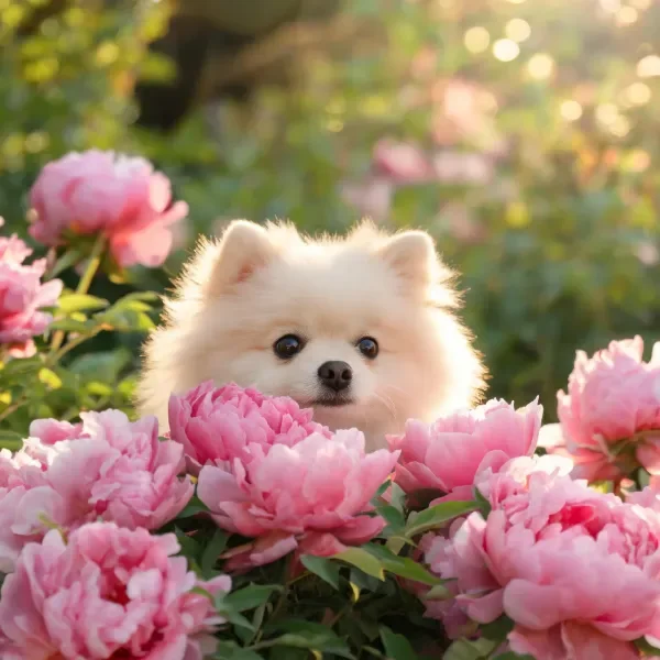 白色博美犬在粉色芍药丛中，蓬松柔软与柔润花瓣形成鲜明对比。