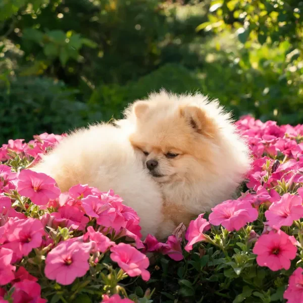 博美犬有着蓬松浅金色毛发,安静地卧在粉色花卉丛中,周围环绕着茂密绿植被。