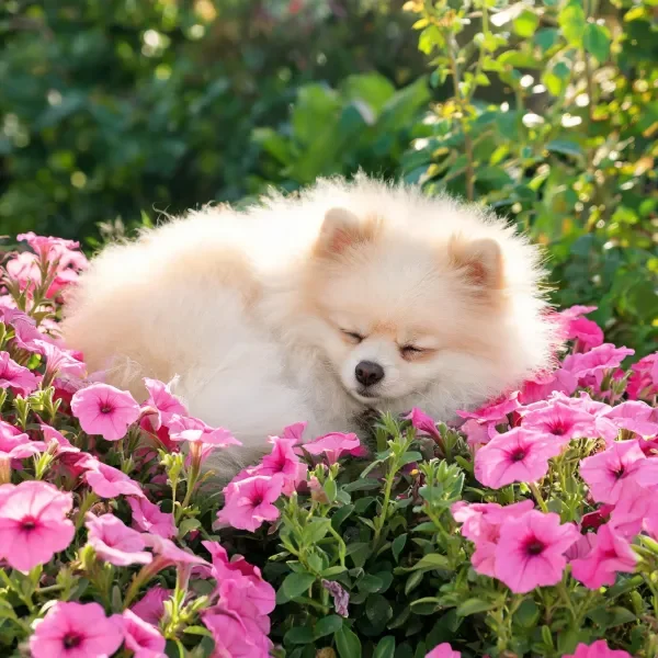 博美犬安静地蜷缩在粉色花卉间,蓬松白色毛发与花朵形成鲜明对比。