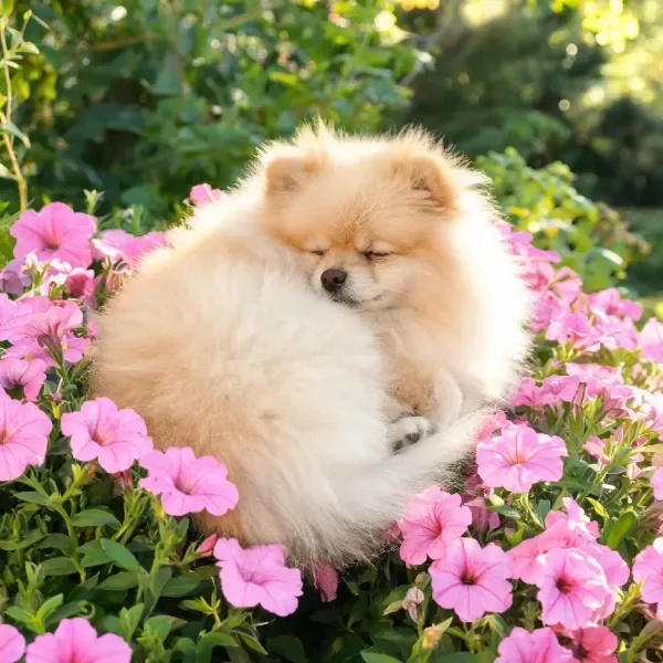 博美犬蜷缩在粉色花朵间,蓬松浅棕毛发与周围花朵形成鲜明对比,处于安静状态。