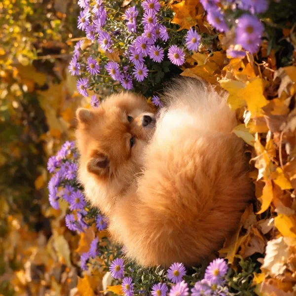 两只博美犬依偎在紫色雏菊花丛间，蓬松的金棕色毛发与周围的花卉形成鲜明对比。
