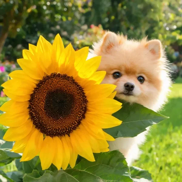 博美犬从大型金黄色向日葵后探出头,毛发蓬松,眼睛明亮。