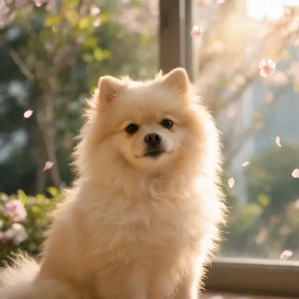 窗边樱花飘落处的小型犬只特写
