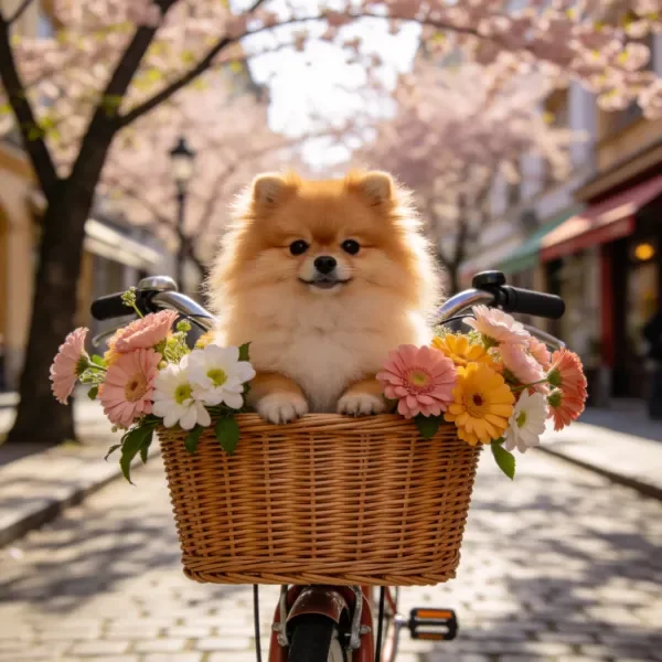博美犬正坐在装有各色菊花的自行车花篮里,它有着蓬松的浅棕色毛发,前爪搭在篮沿处。