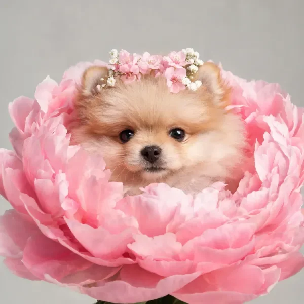 博美犬身处粉色牡丹花丛，浅棕色毛发与鲜艳花瓣形成鲜明对比，头顶佩戴着由粉色小花和小白花组成的花环。