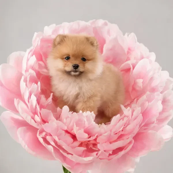 博美幼犬坐在大丽花中