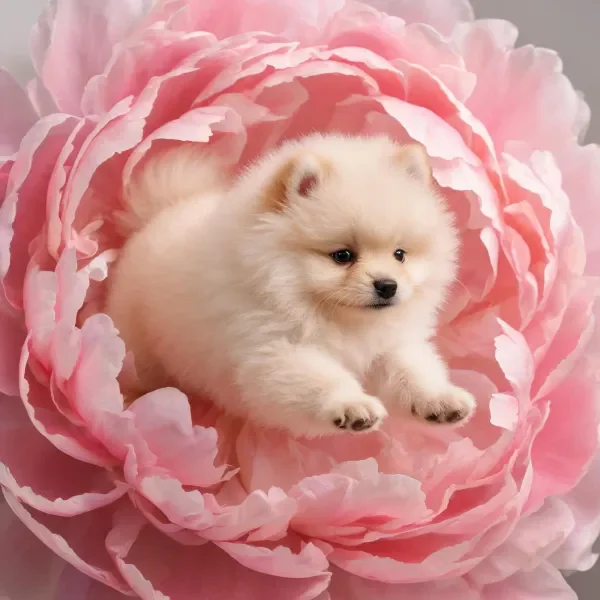 博美幼犬栖息在粉色牡丹花心处，蓬松白色卷毛与花瓣形成空间层次感。