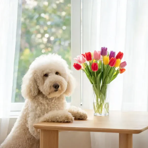 一只有着蓬松卷曲白色皮毛的贵宾犬安静地趴在桌子旁,身旁是色彩丰富的郁金香,狗狗的眼神毛发柔软且蓬松。