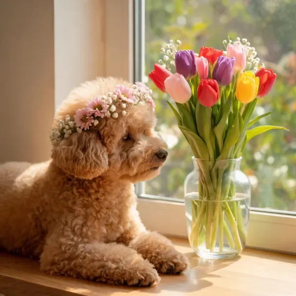 贵宾犬戴着花冠安静地注视着窗台上的彩色郁金香花束，卷曲的浅棕色毛发在阳光下显得格外柔软。