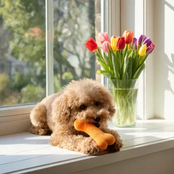 贵宾犬持橙色玩具坐在窗台上
