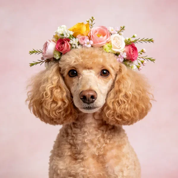 贵宾犬戴着由多种鲜花组成的花冠,浅棕色卷曲毛发清晰可见。