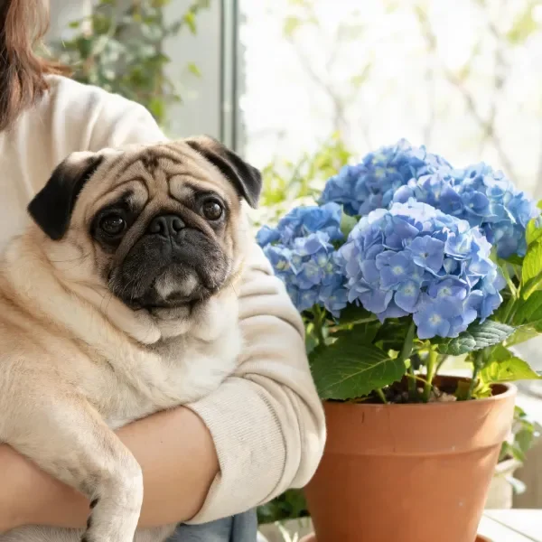 法国斗牛犬安静地被人抱持,浅棕色带黑色斑纹的皮毛,身旁是盛开的蓝色绣球花盆栽。