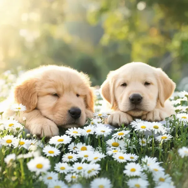 两只金毛寻回犬幼崽有着浅金色柔软皮毛,安静躺卧在雏菊花丛中,前爪搭在白色雏菊上方。