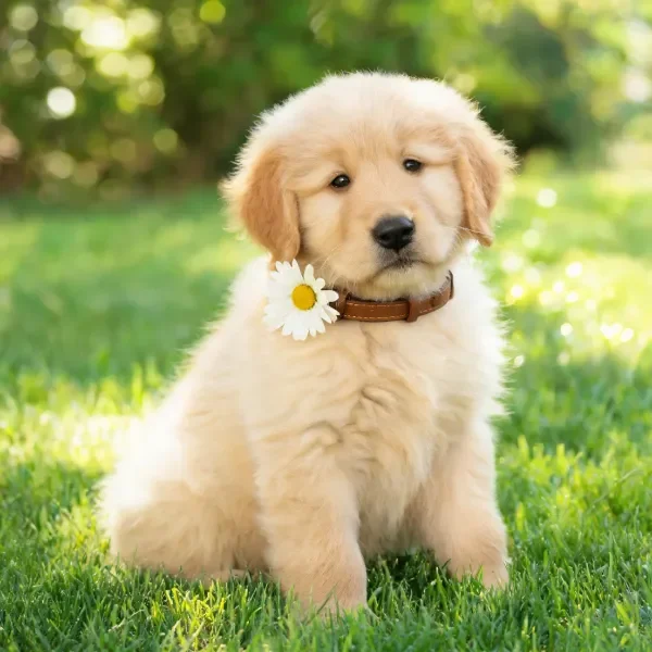 金毛幼犬戴着带雏菊的项圈,金色毛发柔顺,处于环境中。