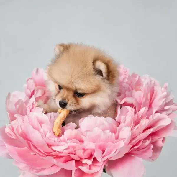 粉色牡丹间博美幼犬进食瞬间