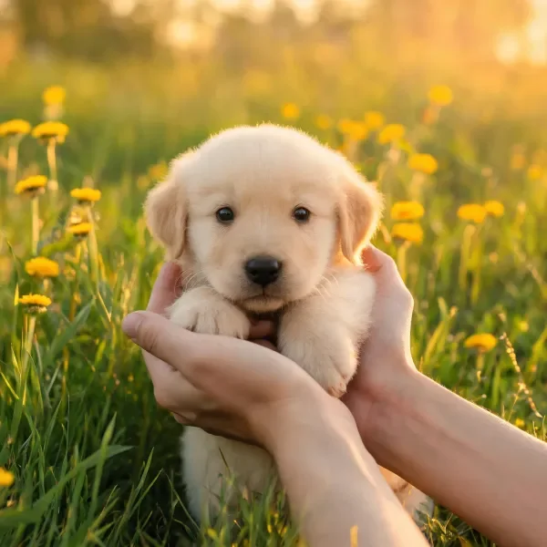 双手托举的金毛寻回犬幼崽在黄花草地中