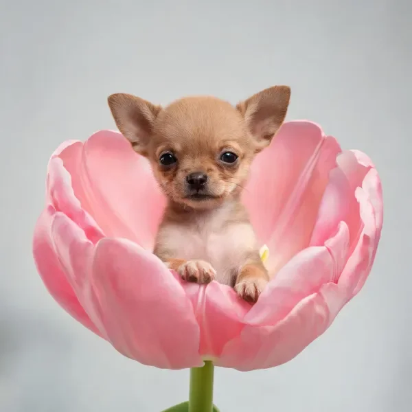 吉娃娃幼犬安静地坐在粉色大丽花内,前爪轻搭花瓣边缘,眼神清澈明亮。