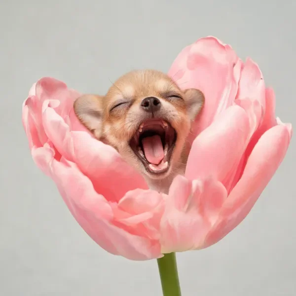 吉娃娃犬在粉色郁金香中打哈欠，嘴巴张开露出牙齿和舌头，眼睛闭合处于放松状态。