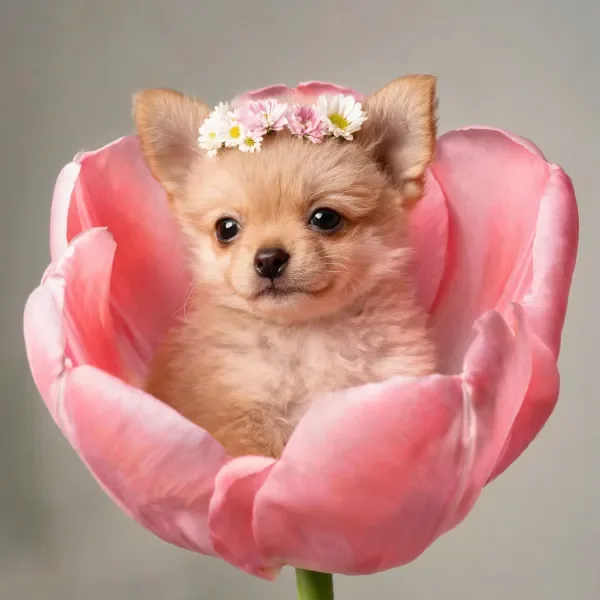 吉娃娃犬坐在粉色花朵中心,头顶戴着由小白花和小粉花组成的花环,浅棕色毛发蓬松柔软。