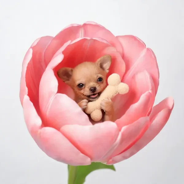 吉娃娃犬抱着浅色骨头玩具处于粉色花卉内，浅棕色毛发与粉色花瓣形成鲜明对比，表情愉悦。