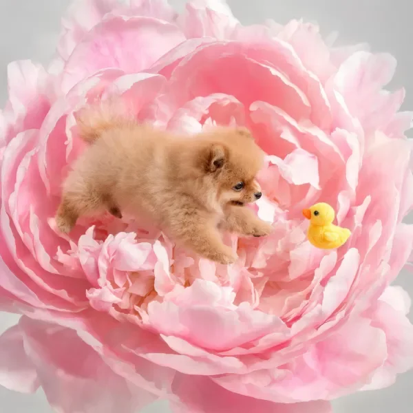 博美犬在牡丹花丛中与玩具鸭互动