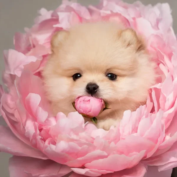 博美犬嘴里叼着粉色小花，浅奶油色蓬松毛发贴附在柔软芍药花瓣间。