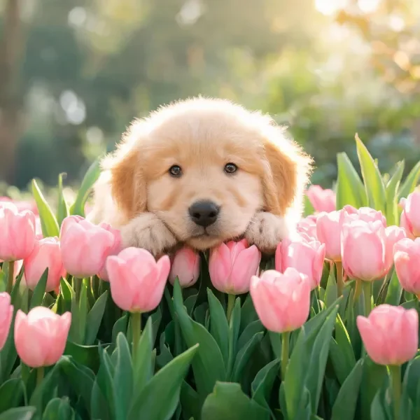 金毛寻回犬幼犬将前爪搭在粉色郁金香花茎上，浅金色蓬松毛发与鲜艳花朵形成鲜明对比。
