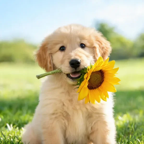 一只金毛寻回犬幼犬叼着明黄色宽大的向日葵，毛发柔软蓬松。