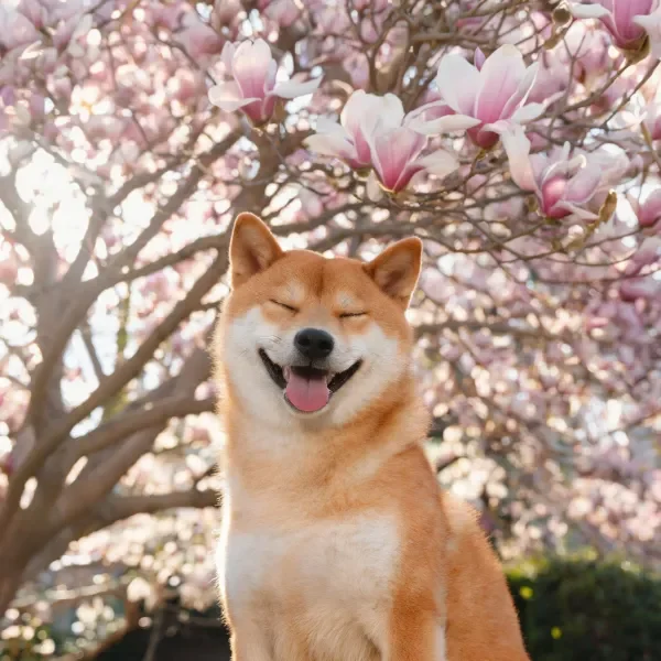 画面中是一只柴犬,它有着橘黄色的被毛,双眼微闭,嘴巴张开露出舌头。