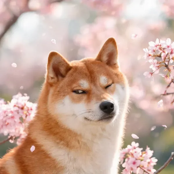 柴犬是一只柴犬，它有着红棕色带白色斑纹的被毛，正处于半闭眼放松状态，周围有飘落的樱花花瓣。