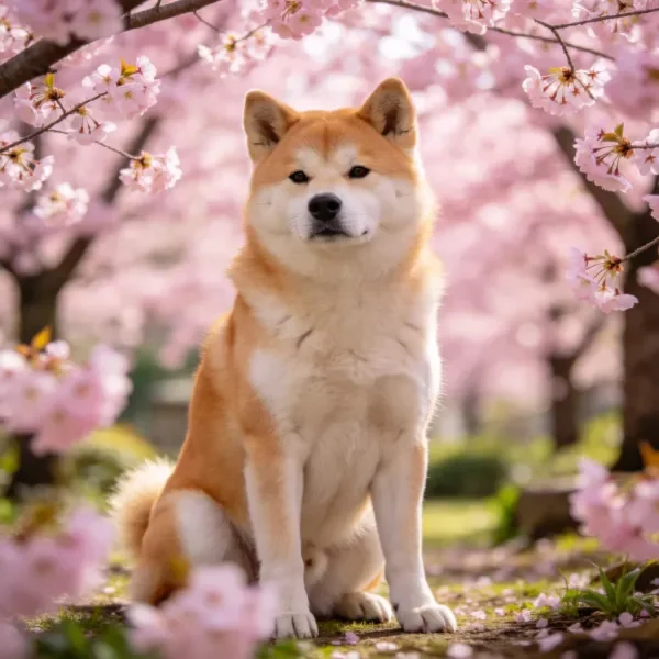 柴犬坐在樱花树下，浅棕色毛发清晰可见，周围是盛开的樱花。