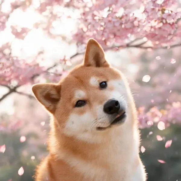 一只黄白色的柴犬抬头凝视上方,周围有粉色樱花花瓣飘落的景象。