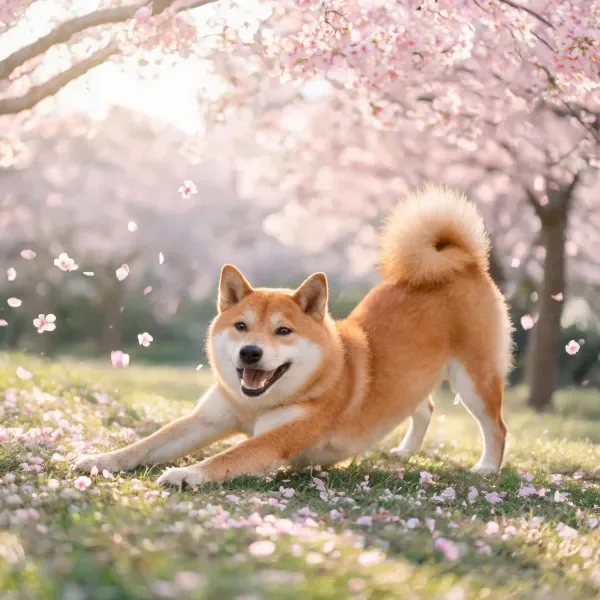 柴犬伸展姿态在樱花树下，皮毛柔软且带有浅棕与白色的配色，四肢向前舒展做出伸展动作。