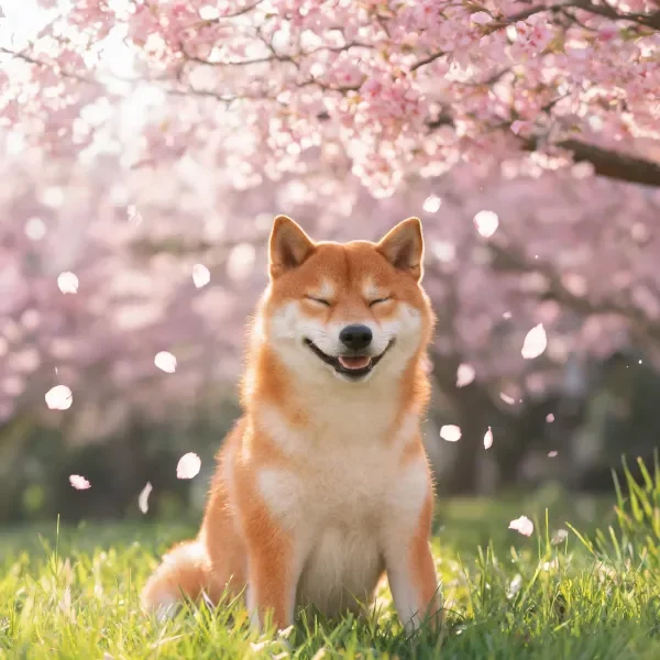 画面里是一只柴犬,它有着橙白相间的毛发,正闭眼微笑坐在樱花树下。